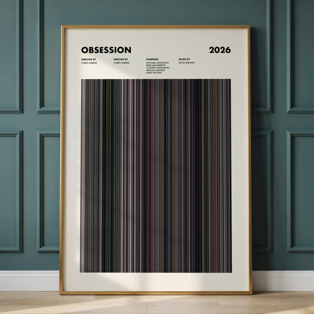 Obsession Movie Barcode Poster framed and leaning against a panelled wall
