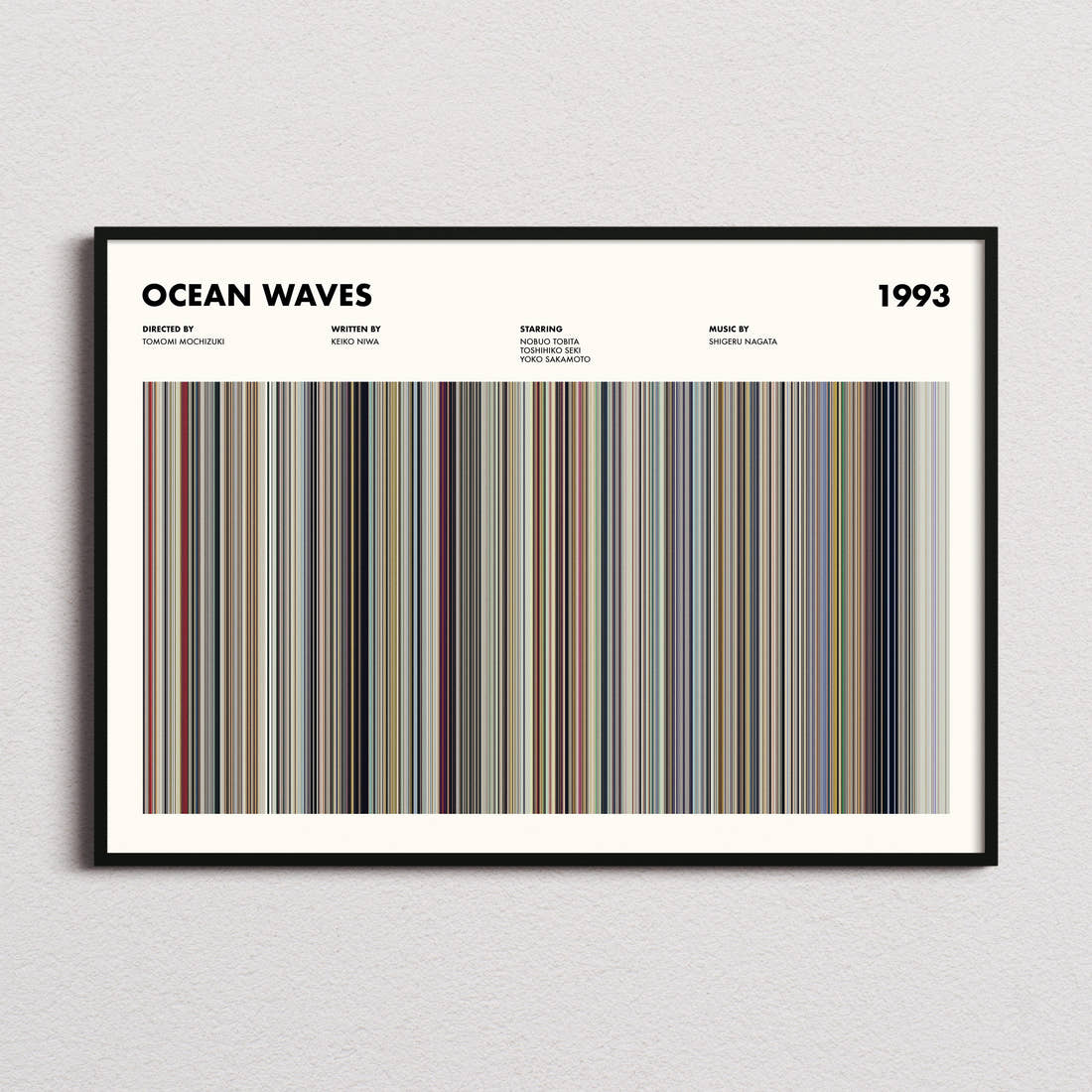 Ocean Waves Movie Barcode Poster framed and photographed straight on