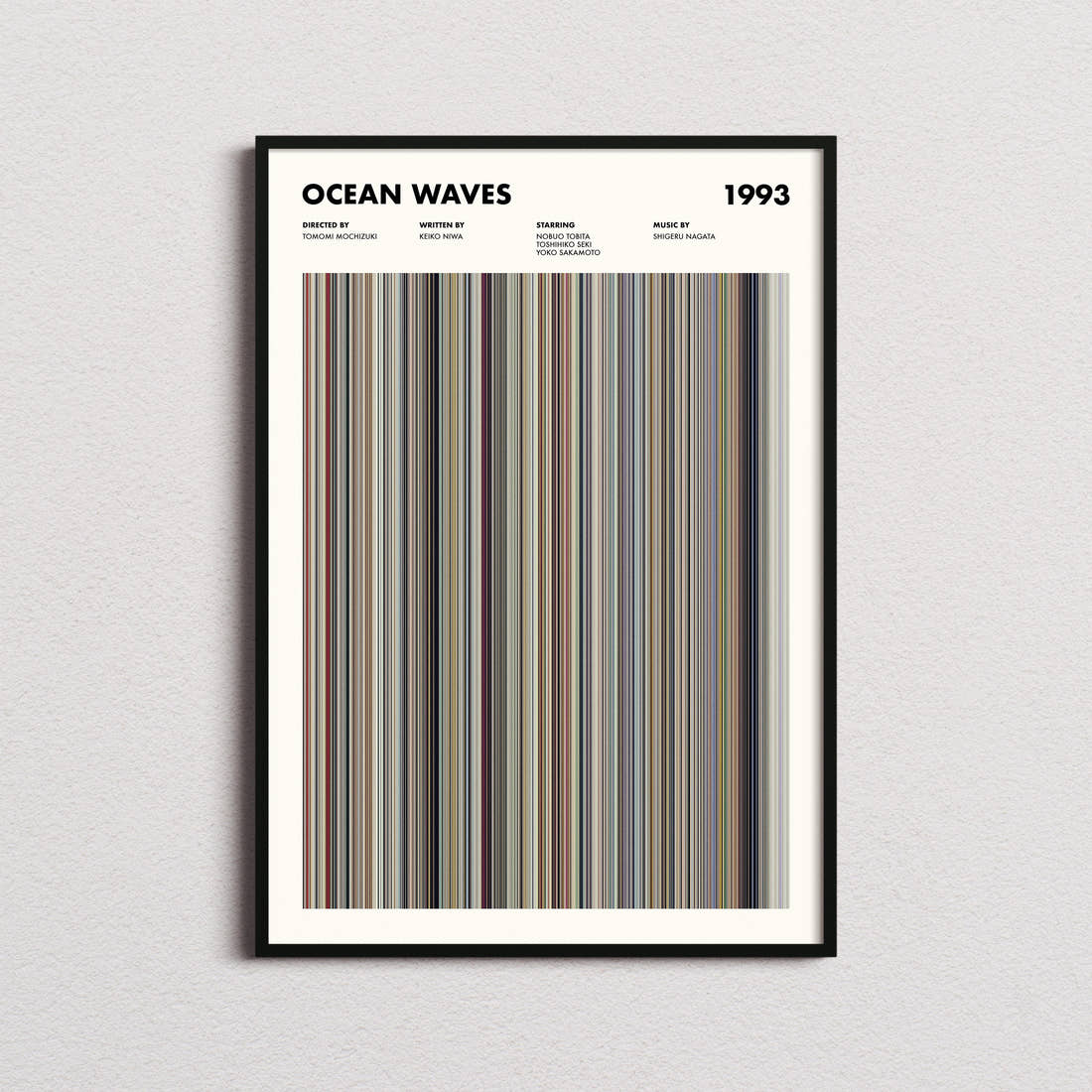 Ocean Waves Movie Barcode Poster framed on a plain studio wall