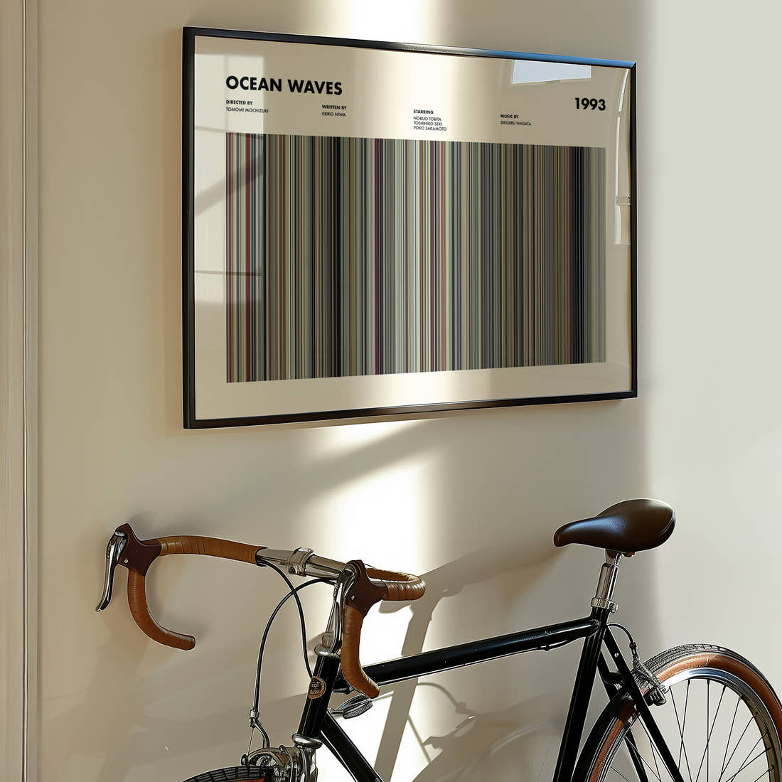 Ocean Waves Movie Barcode Poster framed on the wall of a styled room setting