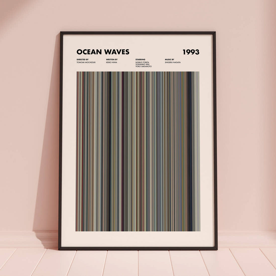 Ocean Waves Movie Barcode Poster framed and leaning against a coloured wall