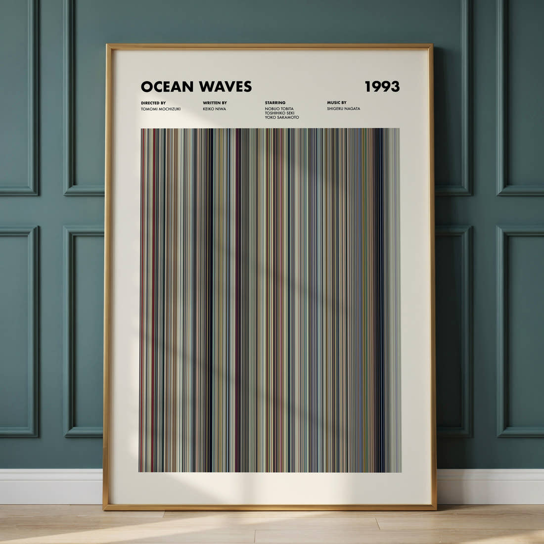 Ocean Waves Movie Barcode Poster framed and leaning against a panelled wall