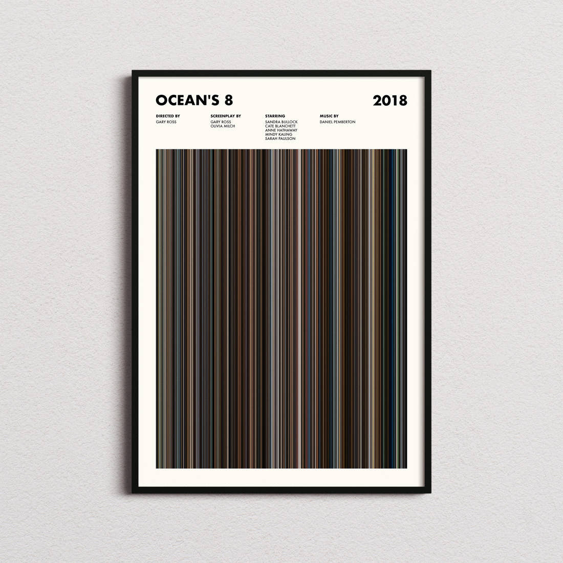 Ocean's 8 Movie Barcode Poster framed on a plain studio wall