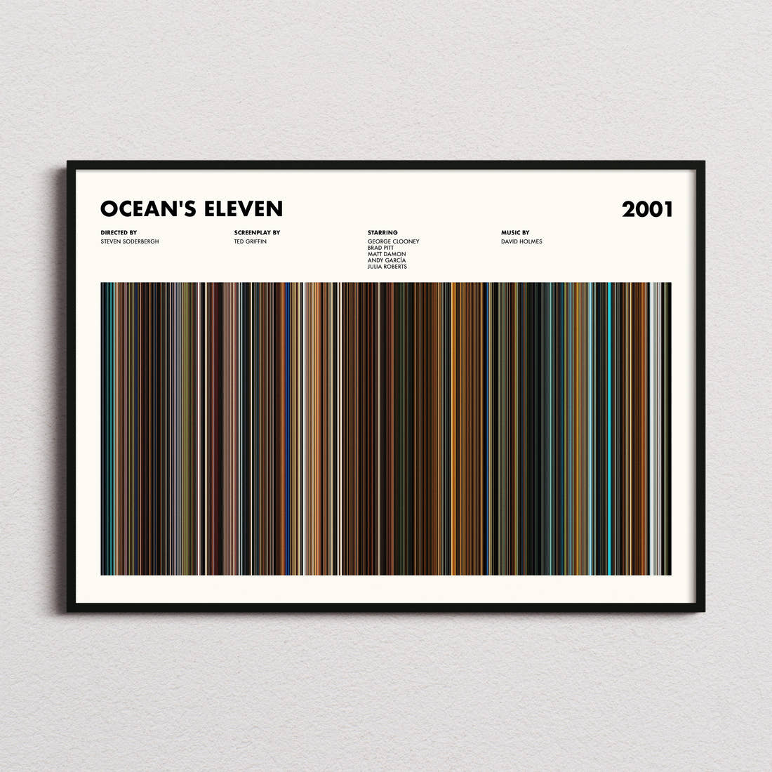 Ocean's Eleven Movie Barcode Poster framed and photographed straight on
