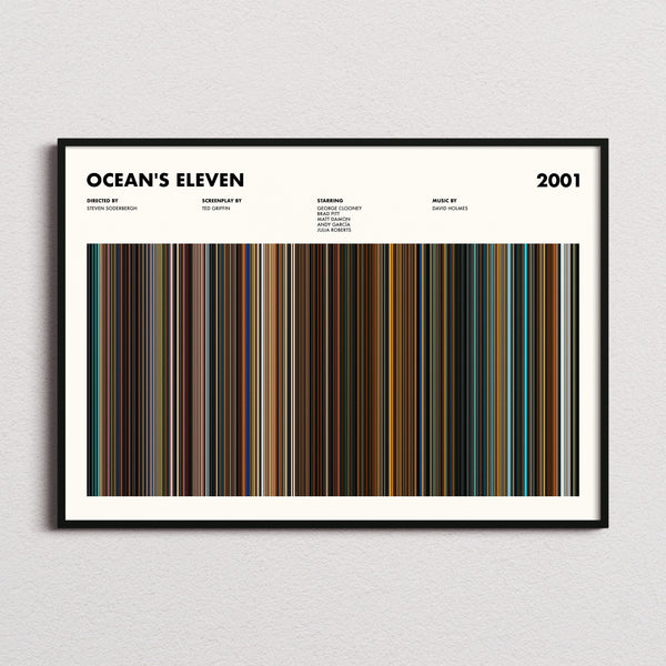 Ocean's Eleven Movie Barcode Poster framed and photographed straight on