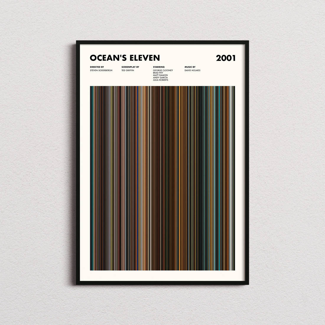 Ocean's Eleven Movie Barcode Poster framed on a plain studio wall
