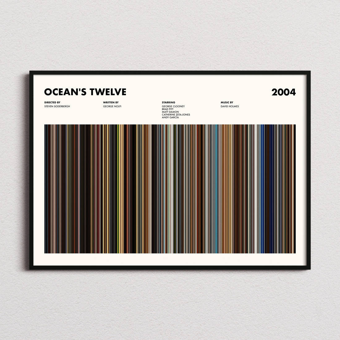 Ocean's Twelve Movie Barcode Poster framed and photographed straight on