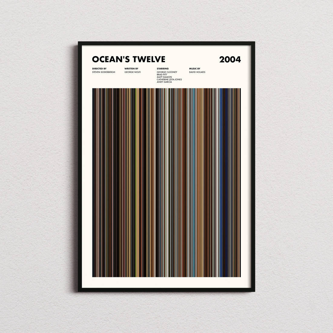 Ocean's Twelve Movie Barcode Poster framed on a plain studio wall