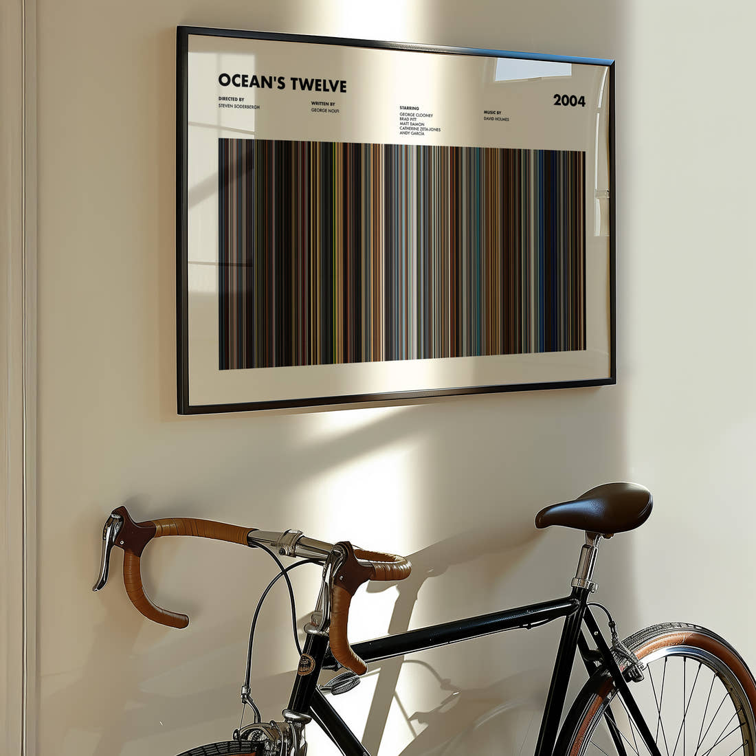 Ocean's Twelve Movie Barcode Poster framed on the wall of a styled room setting