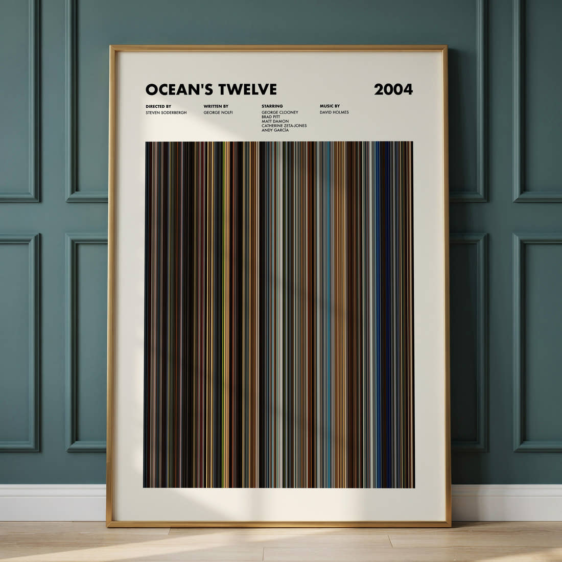 Ocean's Twelve Movie Barcode Poster framed and leaning against a panelled wall