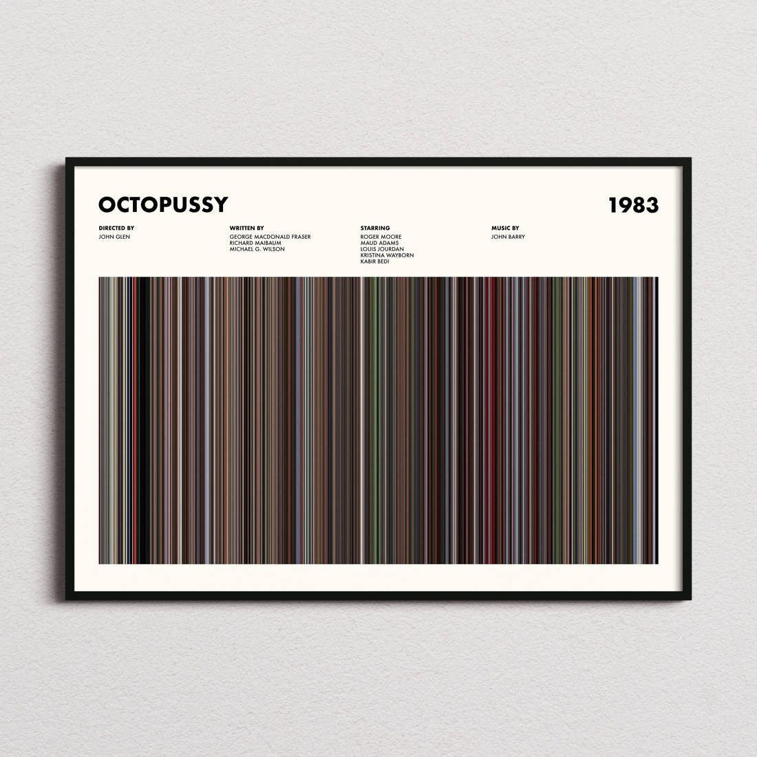 Octopussy Movie Barcode Poster framed and photographed straight on