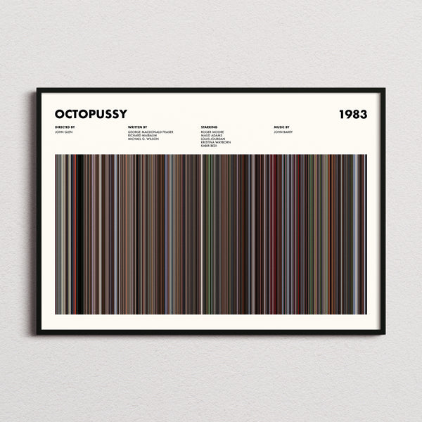 Octopussy Movie Barcode Poster framed and photographed straight on