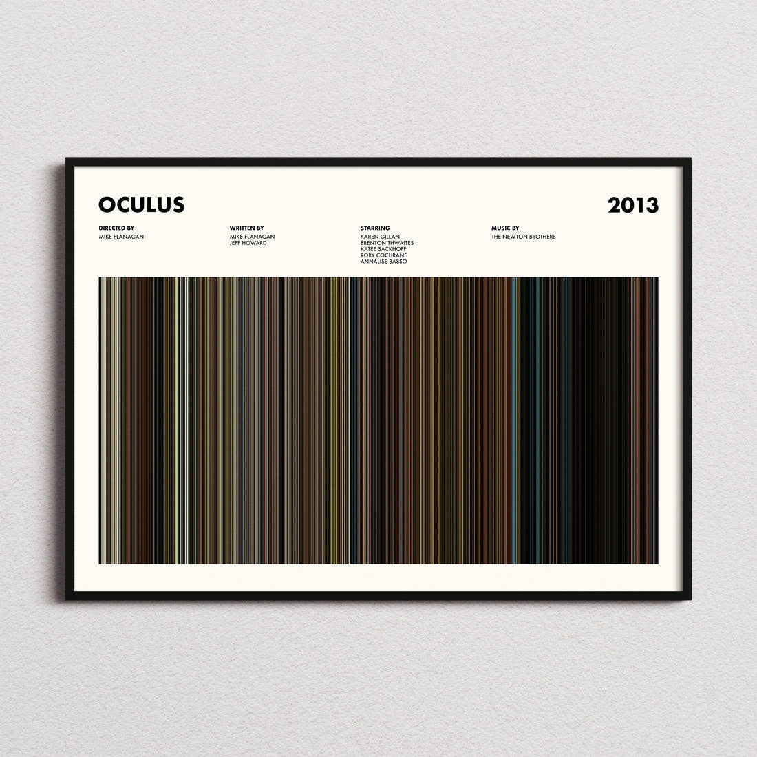 Oculus Movie Barcode Poster framed and photographed straight on