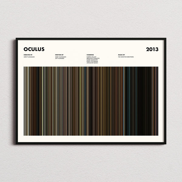 Oculus Movie Barcode Poster framed and photographed straight on