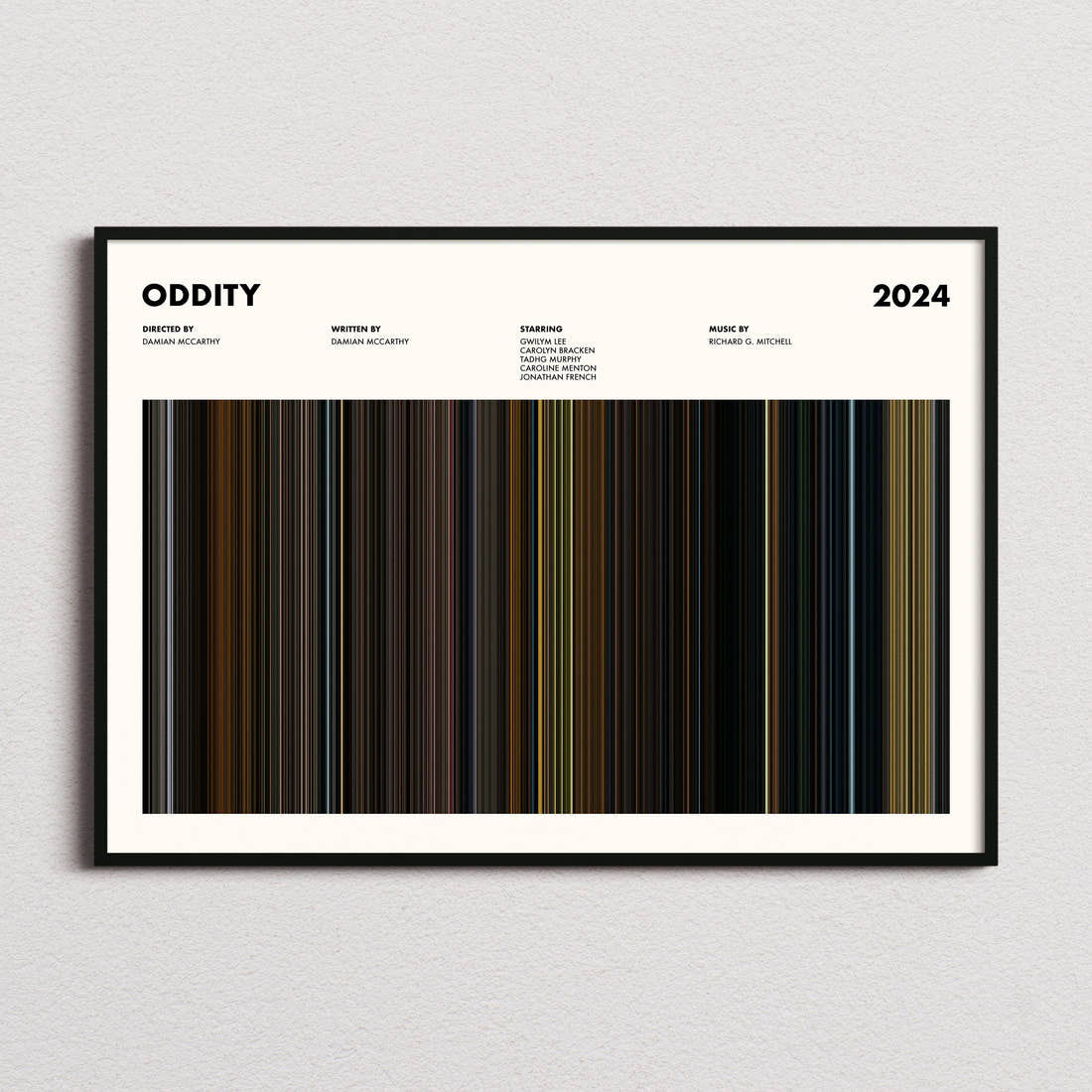 Oddity Movie Barcode Poster framed and photographed straight on