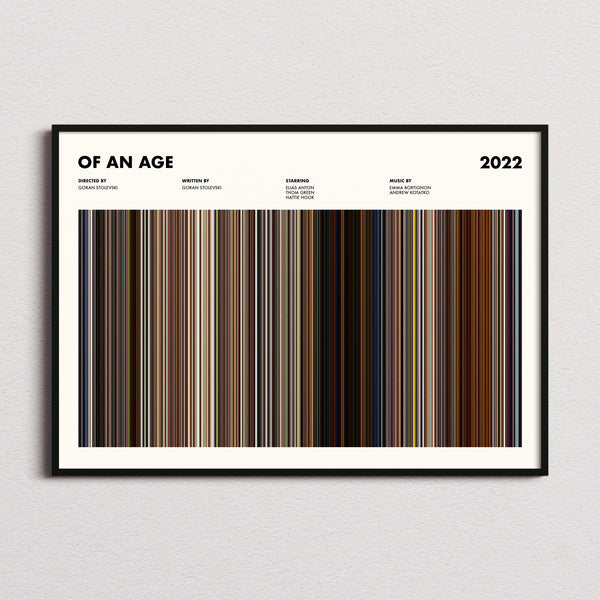 Of An Age Movie Barcode Poster framed and photographed straight on