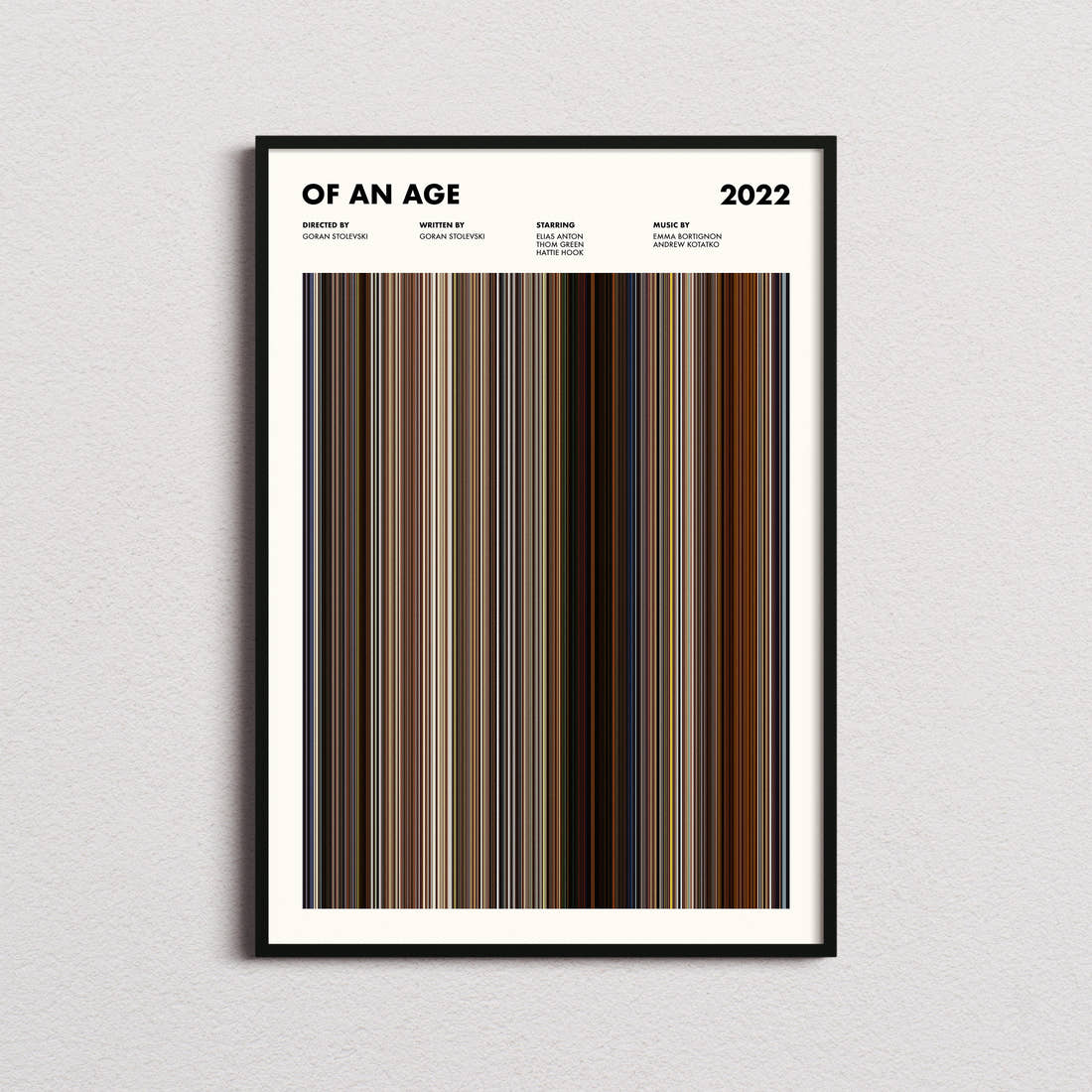 Of An Age Movie Barcode Poster framed on a plain studio wall