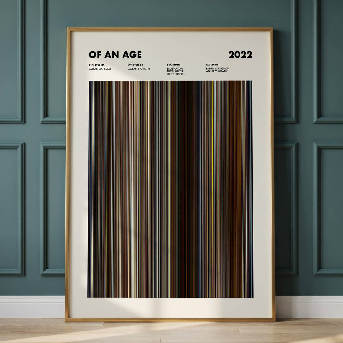 Of An Age Movie Barcode Poster framed and leaning against a panelled wall