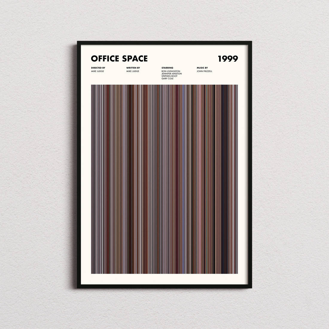 Office Space Movie Barcode Poster framed on a plain studio wall