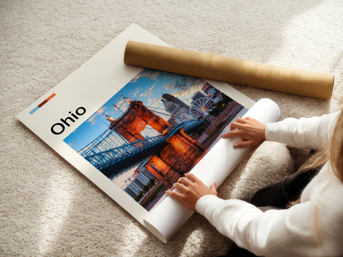 Ohio Roebling Suspension Bridge At Night Travel Print being unrolled from its postal tube