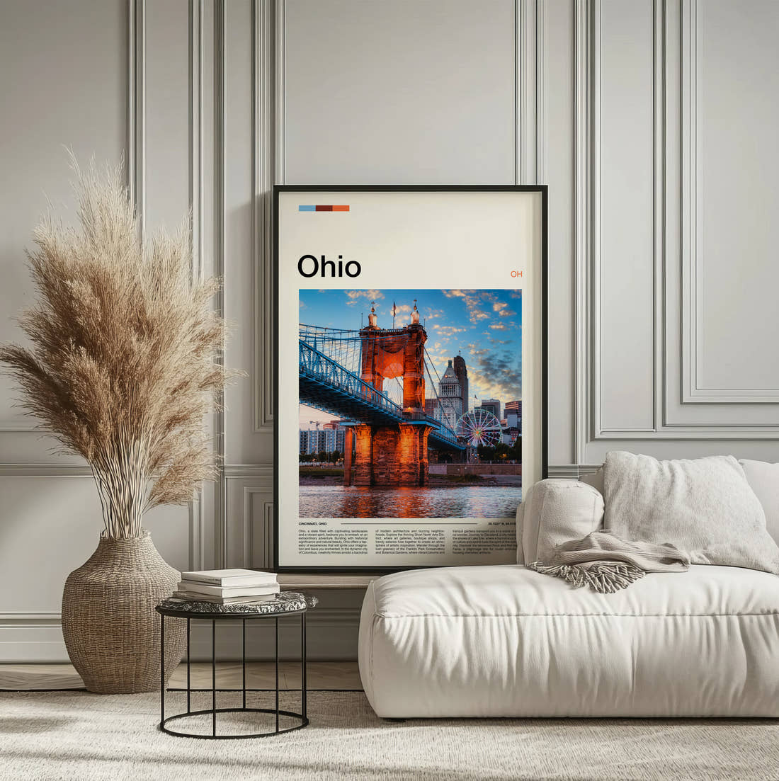 Ohio Roebling Suspension Bridge At Night Travel Print framed on the wall of a calm, neutral bedroom