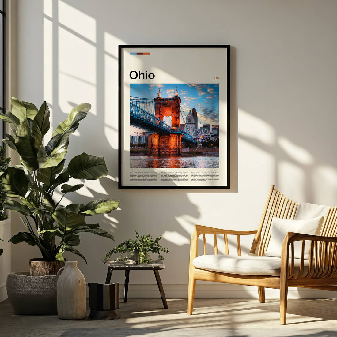 Ohio Roebling Suspension Bridge At Night Travel Print framed on a pale wall beside houseplants