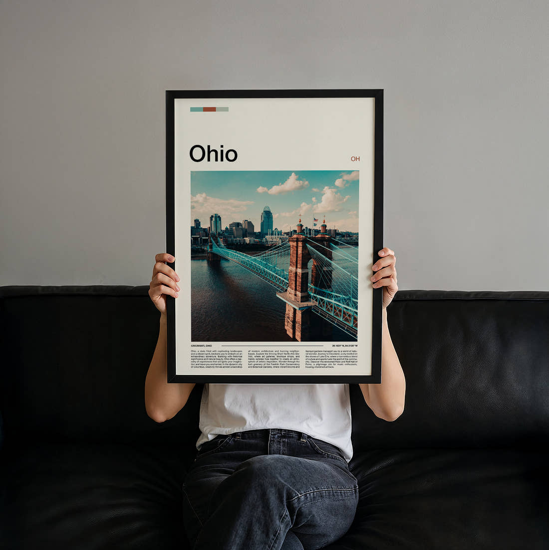 Ohio Roebling Suspension Bridge By Day Travel Print held up by hand to show the size of the print