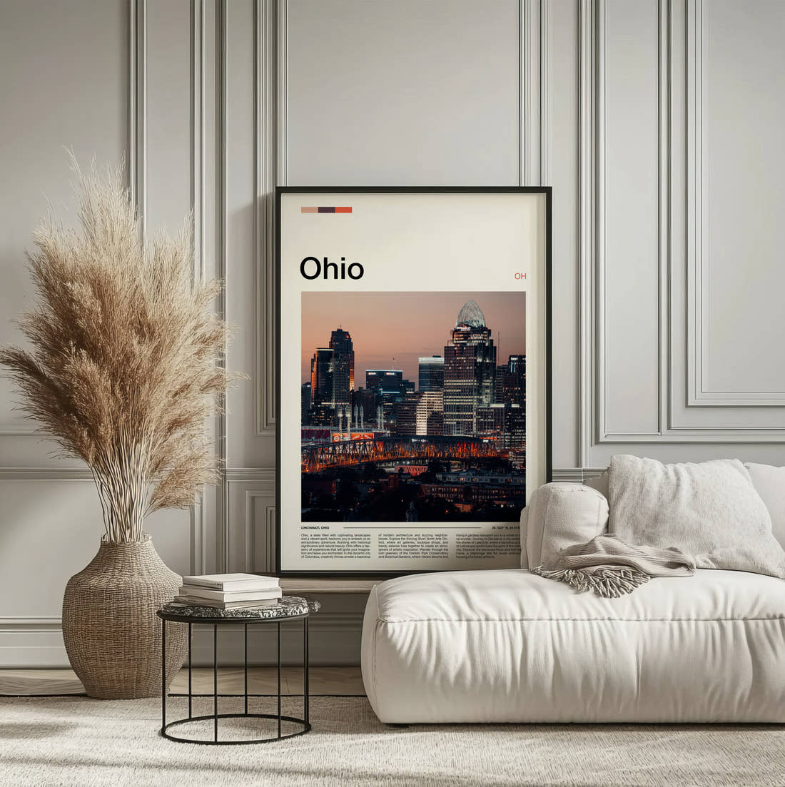 Ohio City Skyline At Dusk Travel Print framed on the wall of a calm, neutral bedroom