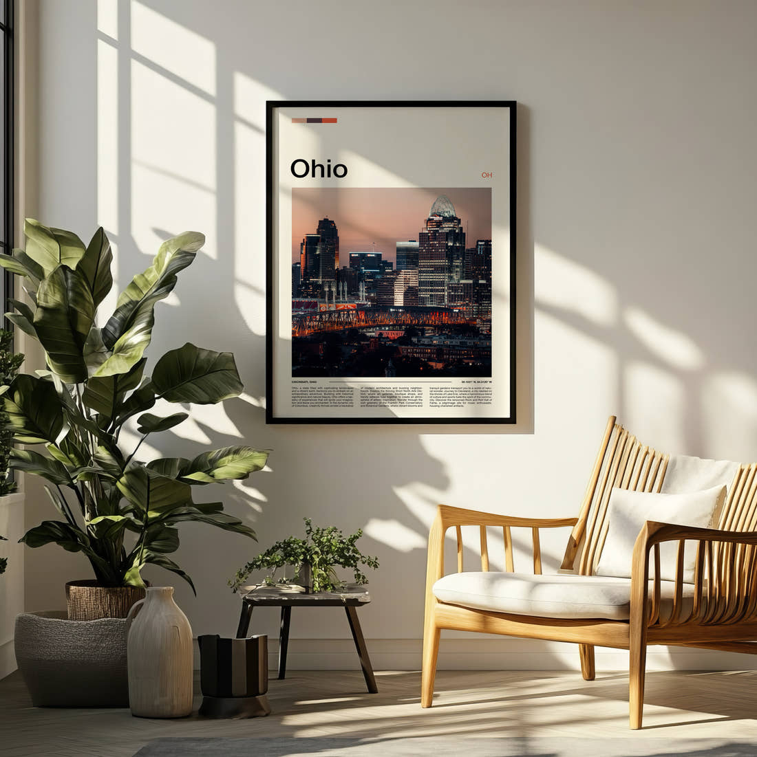 Ohio City Skyline At Dusk Travel Print framed on a pale wall beside houseplants