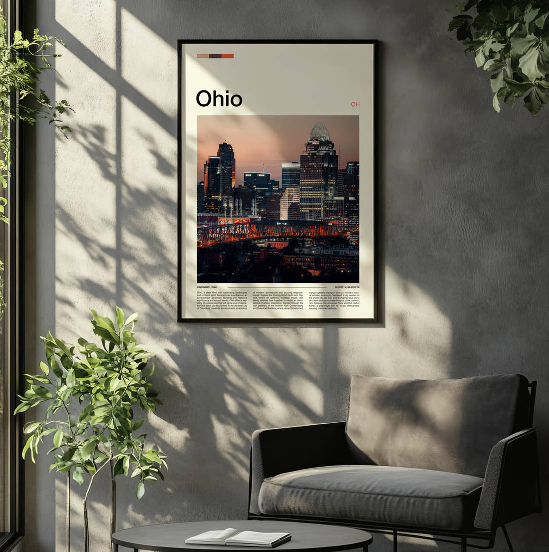 Ohio City Skyline At Dusk Travel Print framed on the wall of a relaxed living room