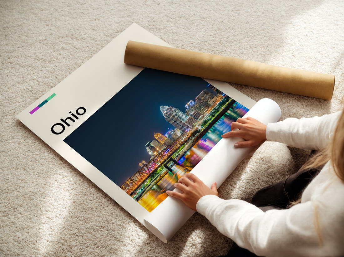 Ohio Night Skyline Travel Print being unrolled from its postal tube