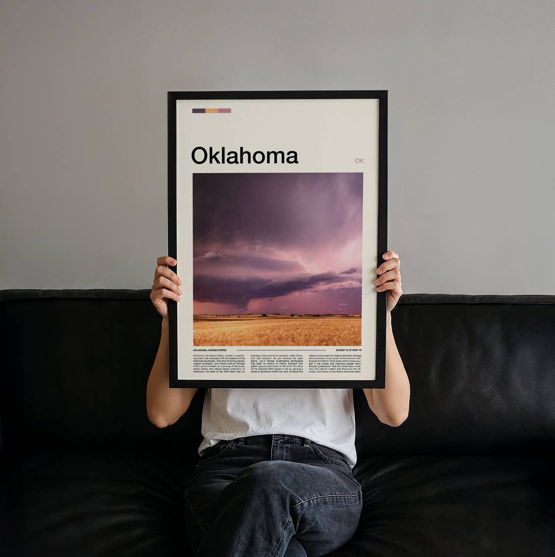 Oklahoma Storm Over The Fields Travel Print held up by hand to show the size of the print