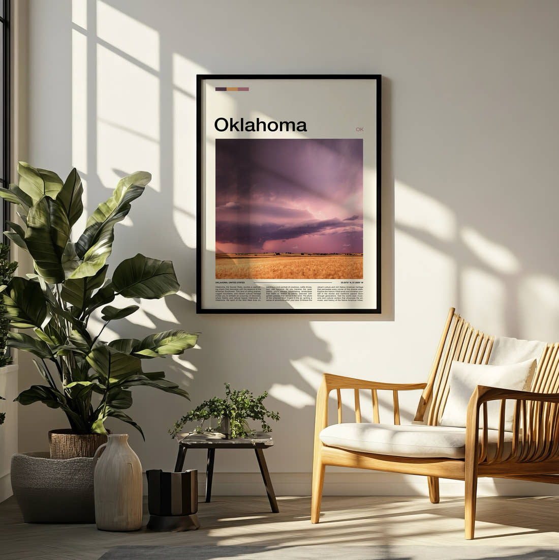 Oklahoma Storm Over The Fields Travel Print framed on a pale wall beside houseplants