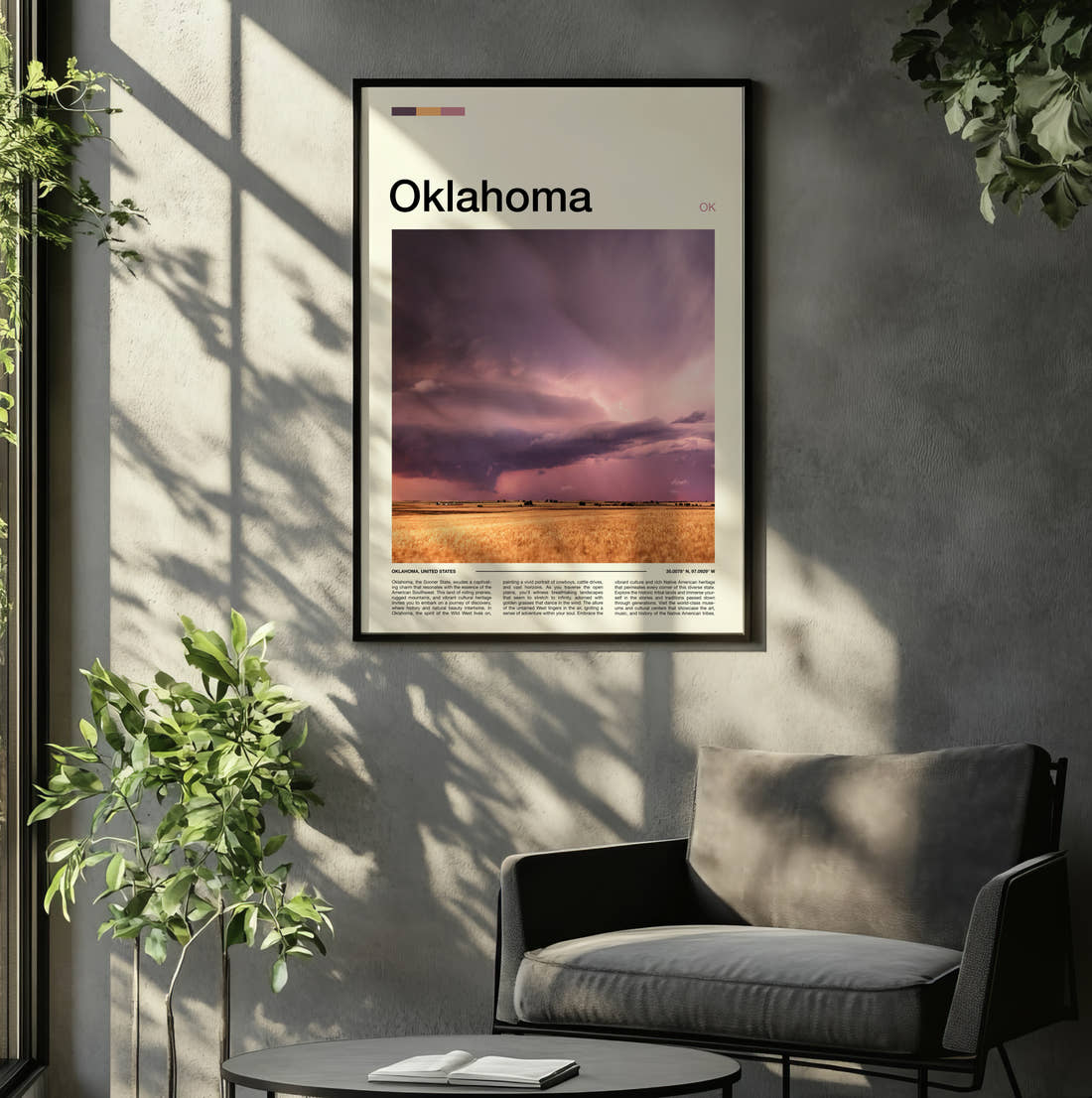 Oklahoma Storm Over The Fields Travel Print framed on the wall of a relaxed living room