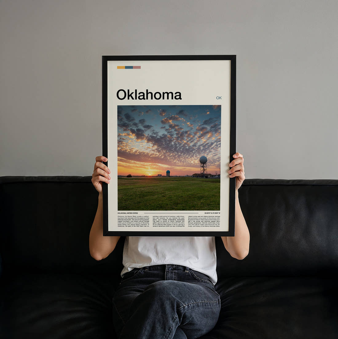 Oklahoma Sunset Over The Field Travel Print held up by hand to show the size of the print