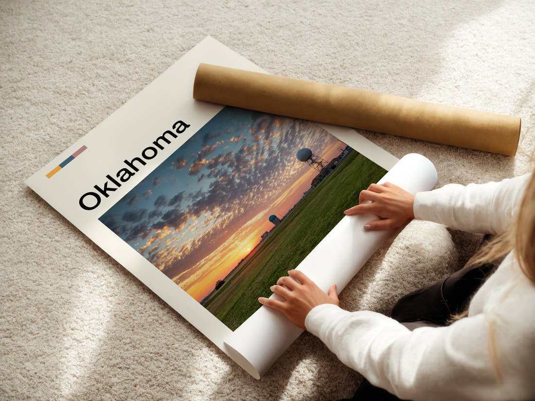 Oklahoma Sunset Over The Field Travel Print being unrolled from its postal tube