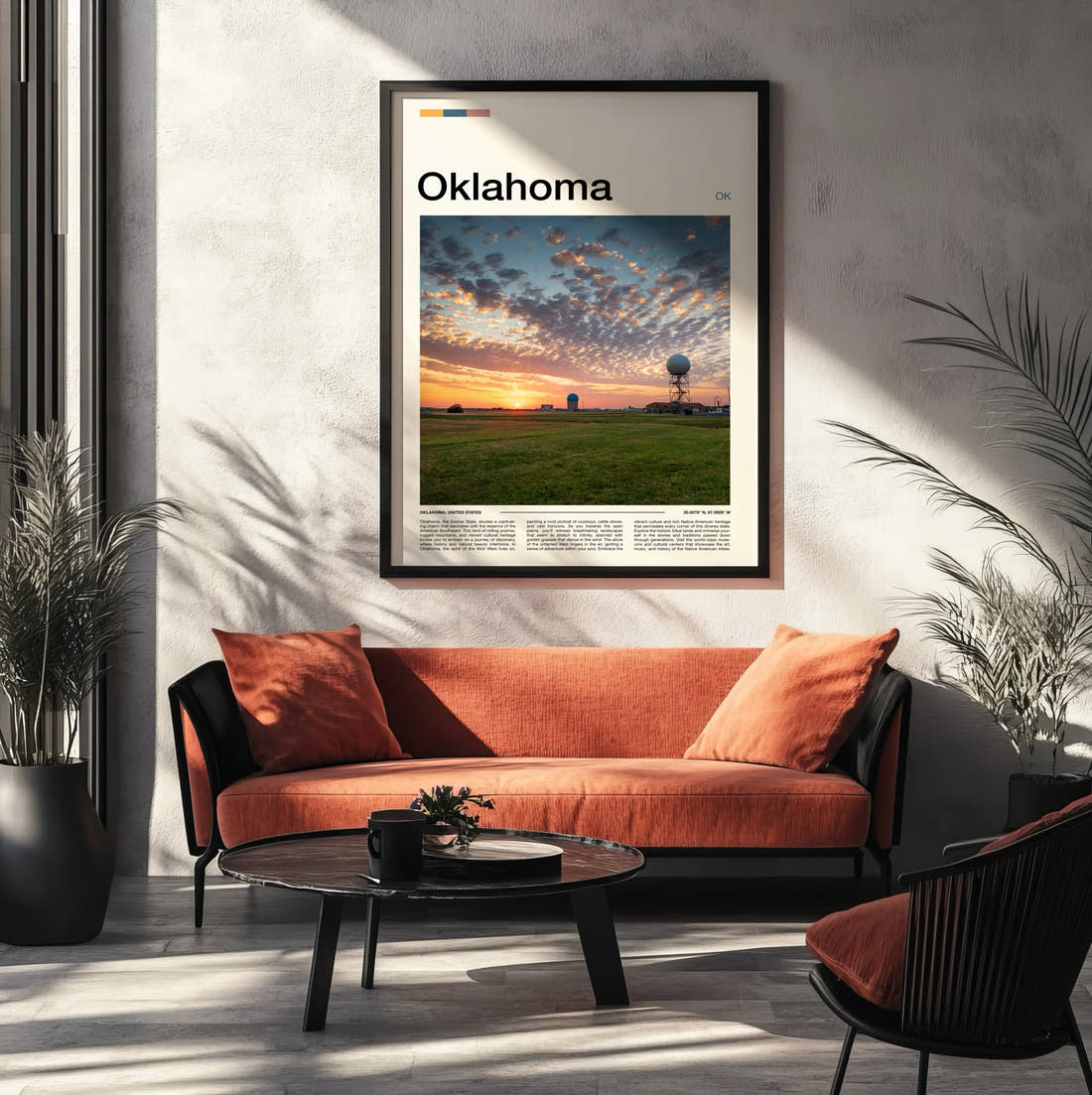 Oklahoma Sunset Over The Field Travel Print framed on the wall of a modern living room