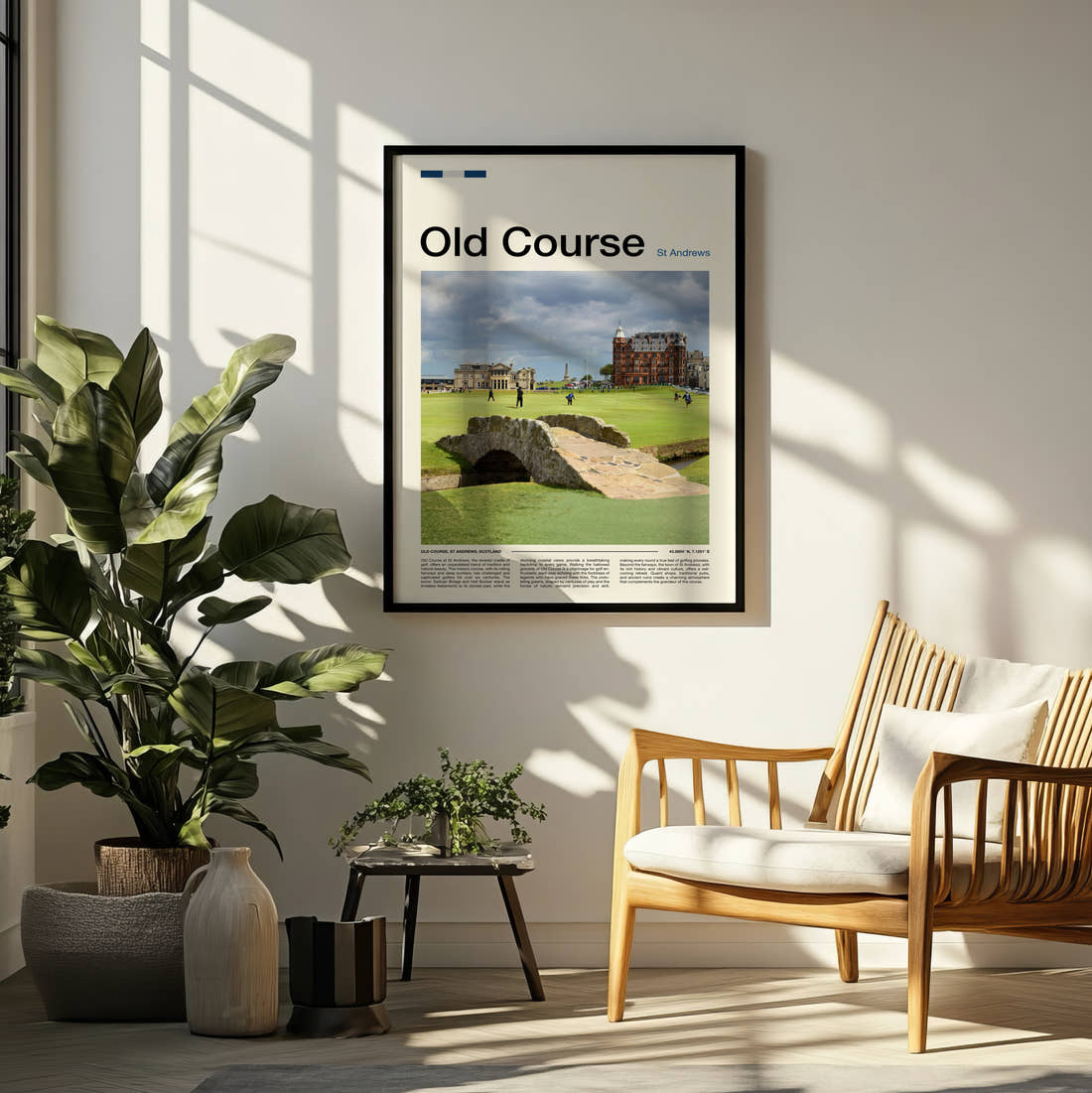 Old Course St Andrews Golf Course Print framed on a pale wall beside houseplants