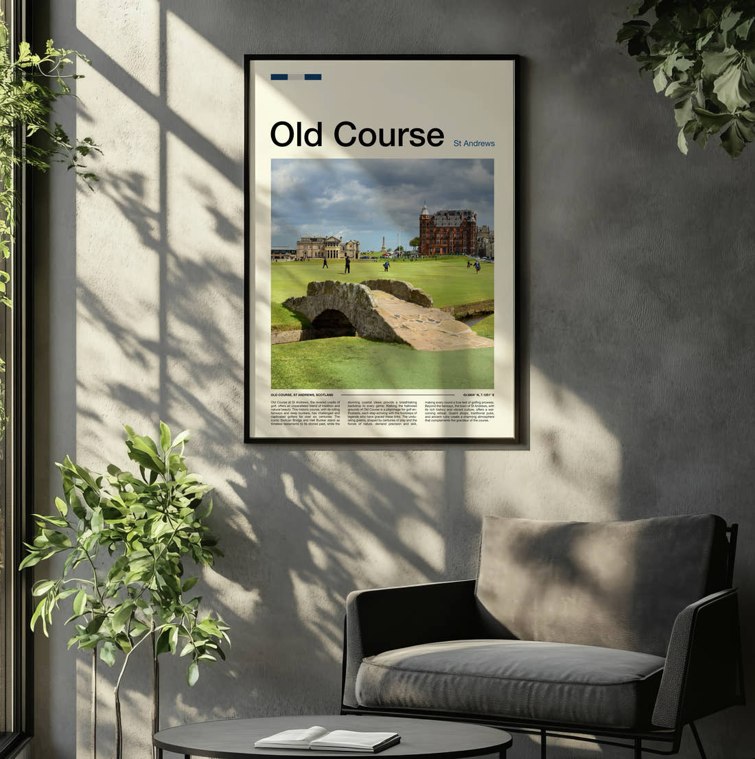 Old Course St Andrews Golf Course Print framed on the wall of a relaxed living room
