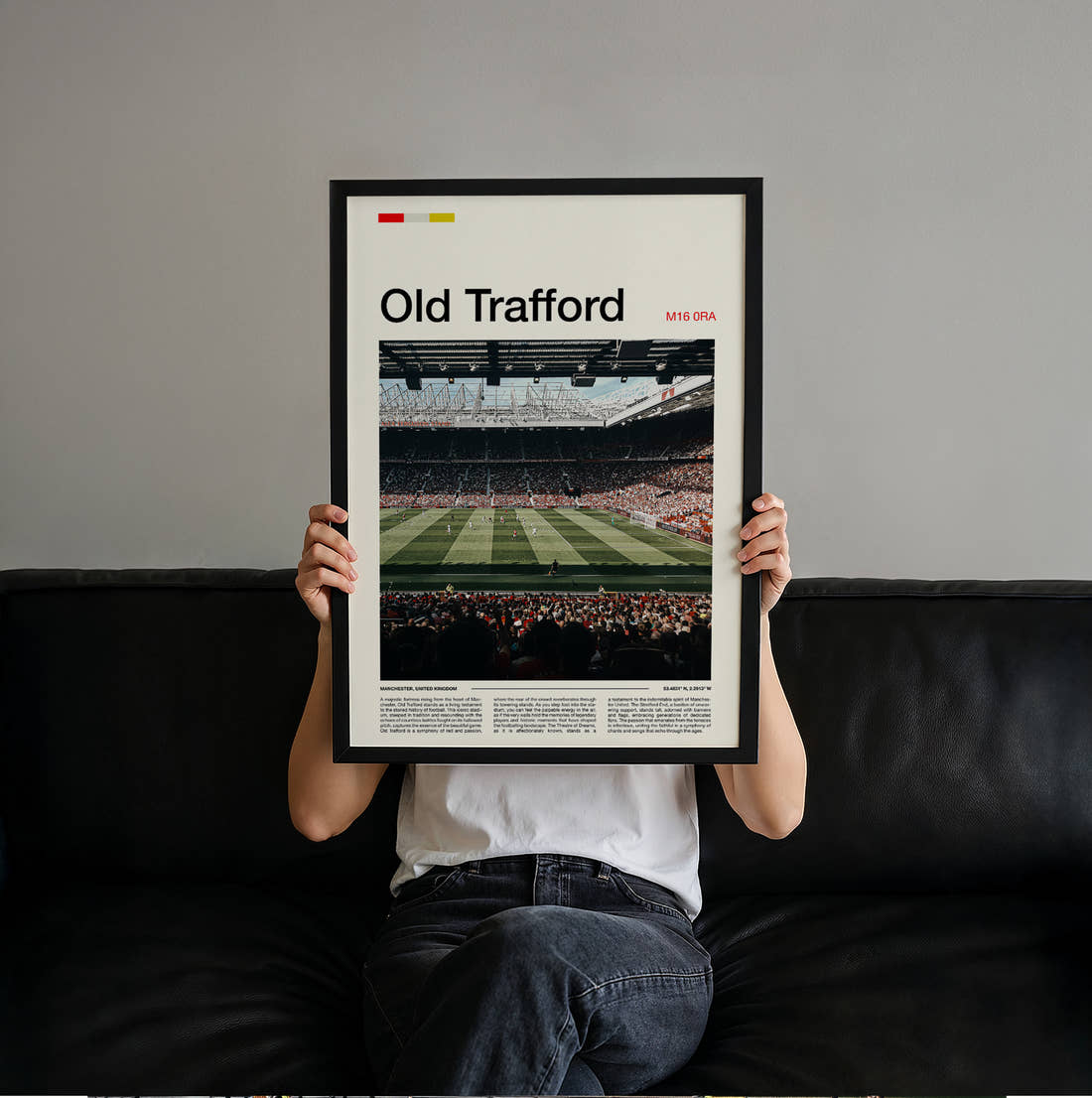 Old Trafford Stadium Print held up by hand to show the size of the print