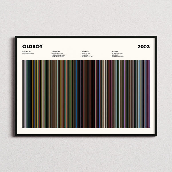 Oldboy 2003 Movie Barcode Poster framed and photographed straight on