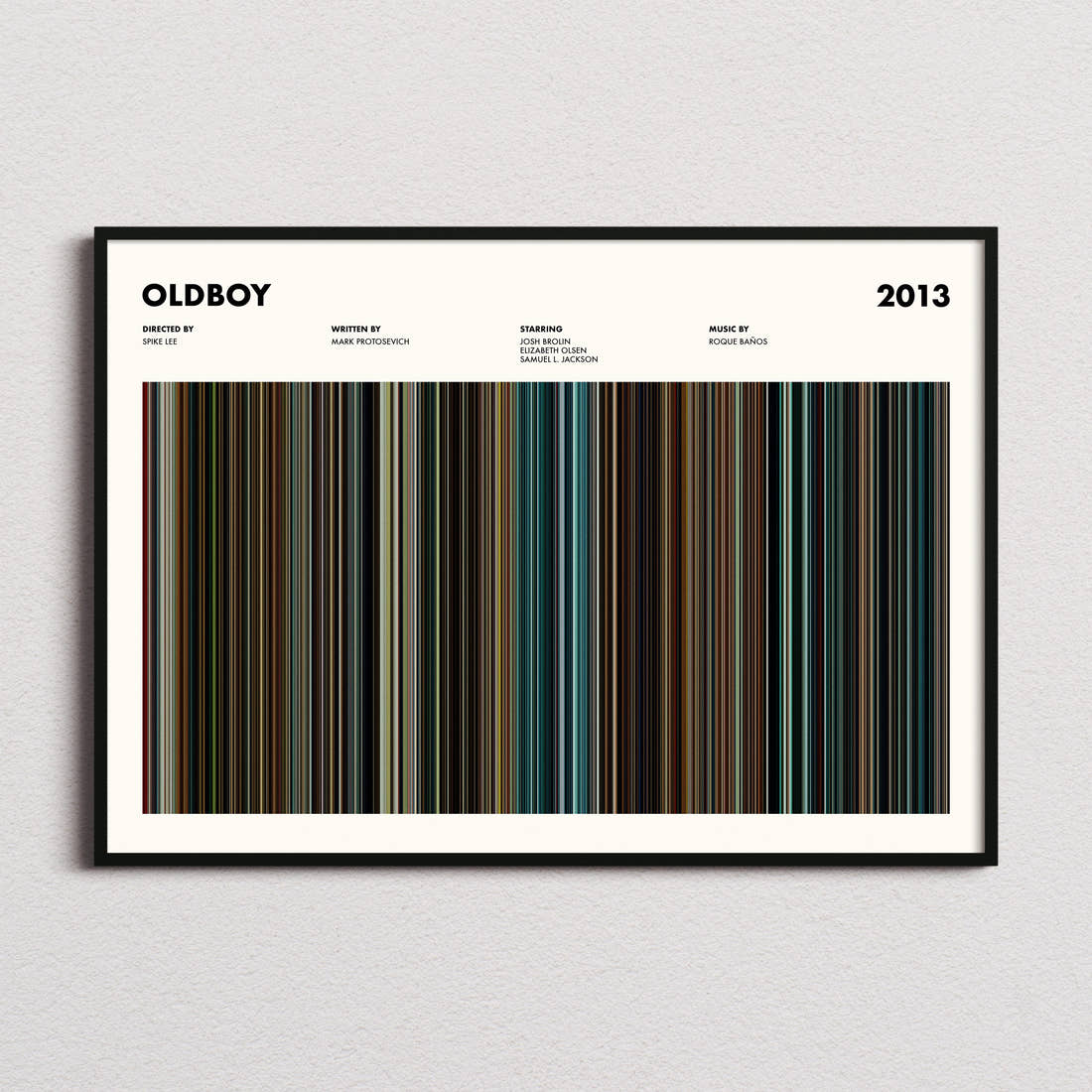 Oldboy 2013 Movie Barcode Poster framed and photographed straight on