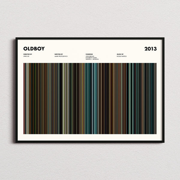 Oldboy 2013 Movie Barcode Poster framed and photographed straight on