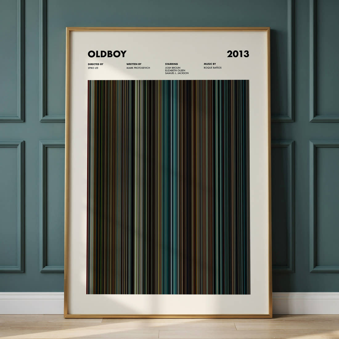 Oldboy 2013 Movie Barcode Poster framed and leaning against a panelled wall