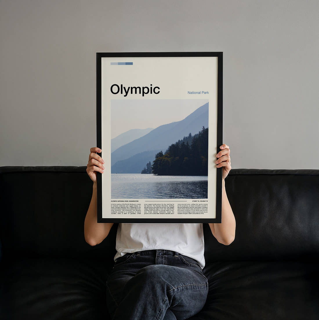 Olympic Misty Lake And Hills Travel Print held up by hand to show the size of the print