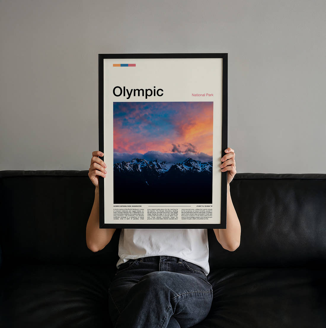 Olympic Snowy Mountains At Dusk Travel Print held up by hand to show the size of the print
