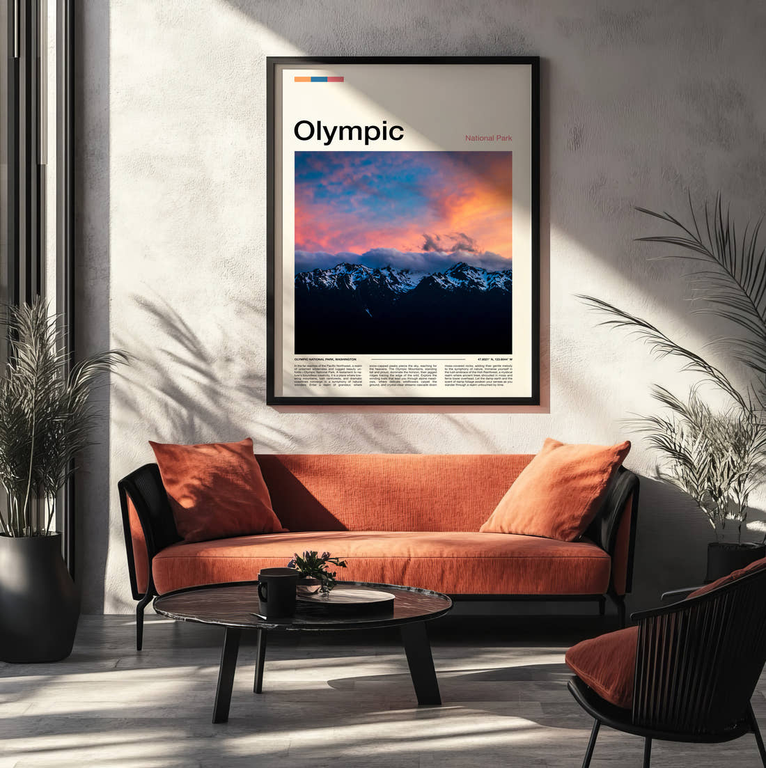 Olympic Snowy Mountains At Dusk Travel Print framed on the wall of a modern living room