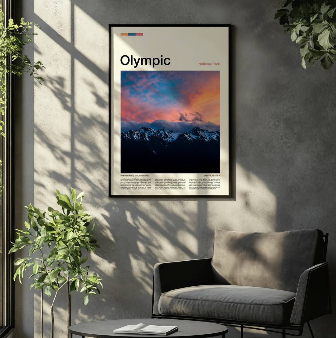 Olympic Snowy Mountains At Dusk Travel Print framed on the wall of a relaxed living room