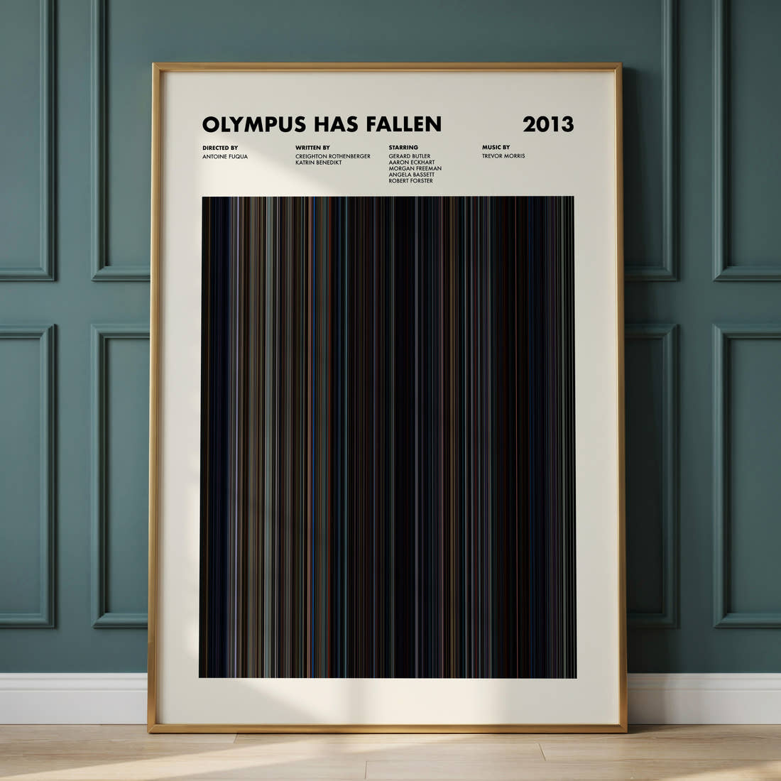 Olympus Has Fallen Movie Barcode Poster framed and leaning against a panelled wall