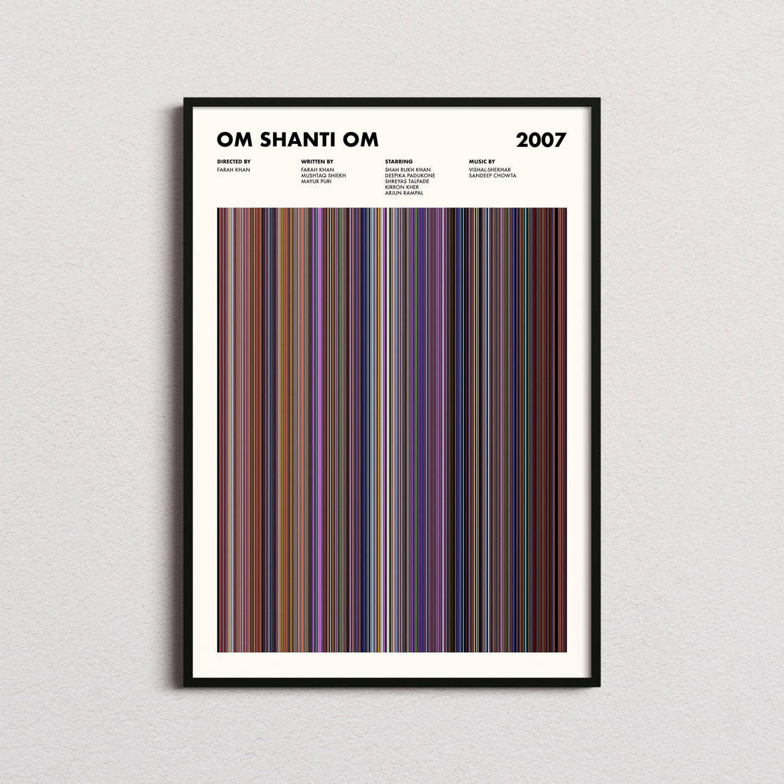 Om Shanti Om Movie Barcode Poster framed on a plain studio wall